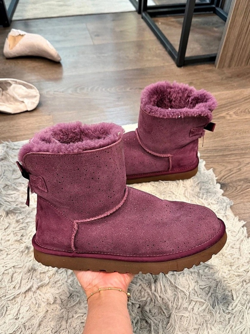 UGG Mini Bailey Bow Metallic Spots Purple Magenta Boots Women's 8